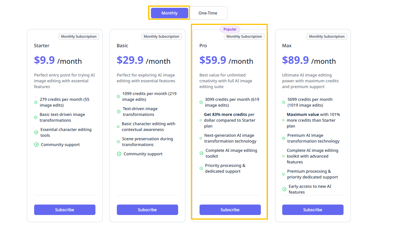 Nano Banana 定价方案：Starter、Basic、Pro、Max