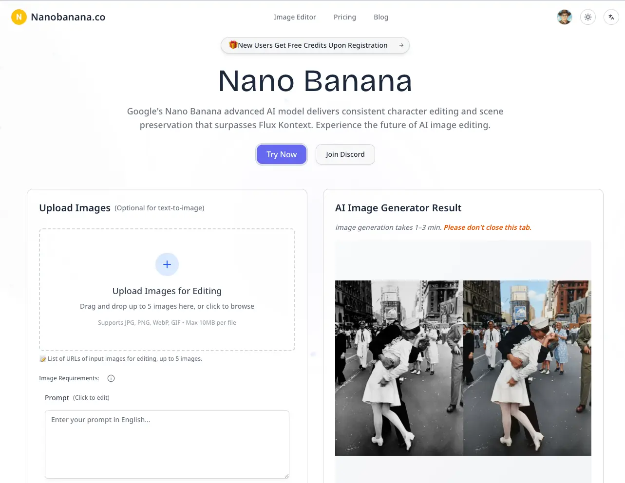 Nanobanana.co 主页，简洁设计与明显的 Try Now 按钮